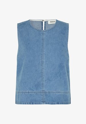 Denim ærmeløs top i lyseblå, med rund halsudskæring, en central søm og en lynlås i ryggen. Glat tekstur overalt.
