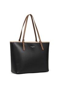 Borsa tote in pelle sintetica nera con manici marroni, texture liscia, forma strutturata e logo impresso sulla parte frontale.