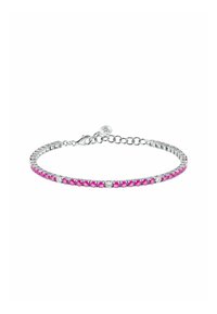 Bracciale in tonalità argento con cristalli rosa e trasparenti alternati, collegati in un delicato design a catena con chiusura a moschettone e lunghezza regolabile.