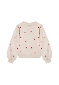 Beige Sweatshirt mit roten Herzmotiven, Rundhalsausschnitt und Puffärmeln. Rippbündchen und -saum, aus weichem Baumwollmaterial gefertigt.