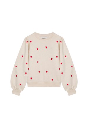Beige sweatshirt met rode hartmotieven, ronde hals en pofmouwen. Ribgebreide manchetten en zoom, gemaakt van zachte katoen.