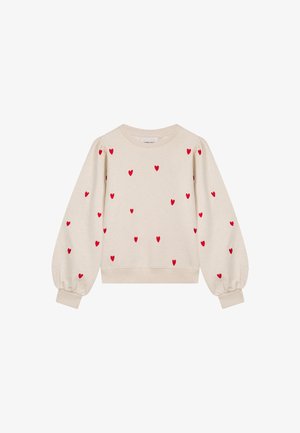 Beige sweatshirt met rode hartmotieven, ronde hals en pofmouwen. Ribgebreide manchetten en zoom, gemaakt van zachte katoen.