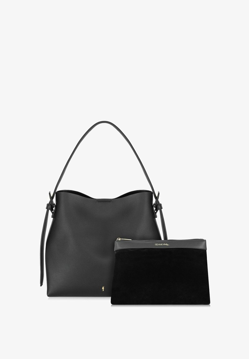 Czarna skórzana torba w kształcie wiadra o eleganckim designie i krótkim uchwycie, w komplecie z czarną welurową kosmetyczką na zamek z skórzanym wykończeniem.