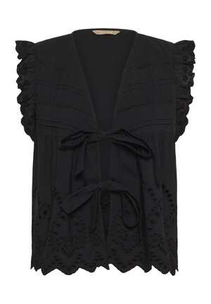 Black top made of lightweight fabric, featuring ruffled sleeves, tie detail, and intricate broderie anglaise pattern along the hem.