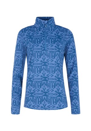 Pullover blu a maniche lunghe con colletto alto, caratterizzato da un motivo geometrico in diverse tonalità di blu. Realizzato in un morbido tessuto testurizzato.