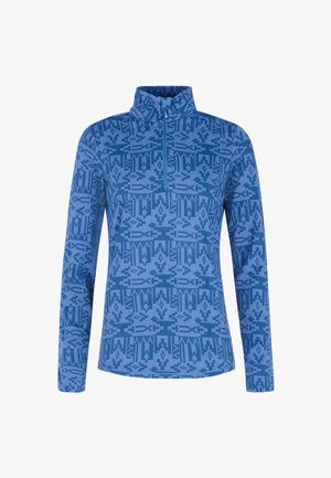 Pullover blu a maniche lunghe con colletto alto, caratterizzato da un motivo geometrico in diverse tonalità di blu. Realizzato in un morbido tessuto testurizzato.