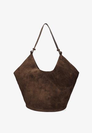 Bruine suède hobo tas met een slouchy vorm, voorzien van een enkele leren schouderriem en een gladde textuur. Minimalistisch ontwerp zonder extra accenten.