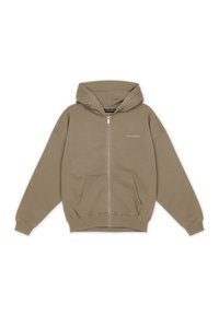 Sudadera con cremallera de color marrón claro, con bolsillo canguro en el frente, mangas largas y un pequeño logo "PEGADOR" en el lado izquierdo del pecho.