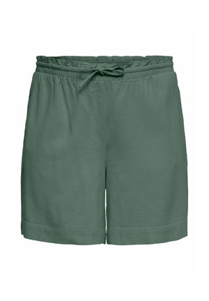 Shorts décontractés vert foncé avec une taille élastique et un cordon de serrage, offrant une coupe décontractée et un design simple.