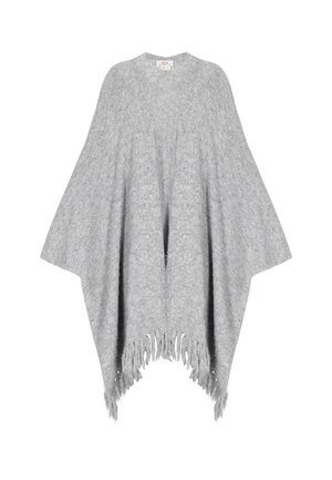 Pelēks pončo, kas izgatavots no mīksta, teksturēta materiāla ar brīvu piegriezumu, ar frēzētu apakšējo malu un atvērtu priekšpusi.