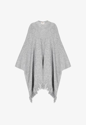 Grijze poncho gemaakt van zacht, textuurmateriaal met een losse pasvorm, voorzien van een franjeszoom en een open voorontwerp.