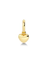 Pendente a forma di cuore in oro, con una superficie liscia e riflettente e un piccolo anello in cima per il fissaggio. Design semplice, finitura lucida.