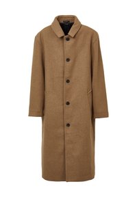 Brauner Wollmantel mit Kragen, vorderem Knopfverschluss, zwei Seitentaschen und langen Ärmeln. Der Stoff hat eine weiche, strukturierte Oberfläche.