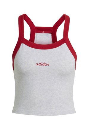 Gray cotton tank top with red straps, featuring a fitted design and "adidas" embroidered in red on the front.