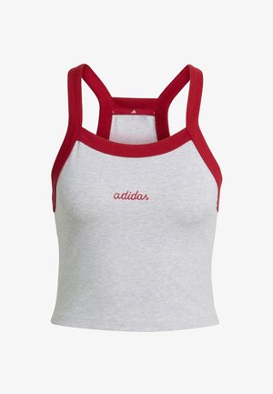 Canotta in cotone grigia con spalline rosse, caratterizzata da un design aderente e con la scritta "adidas" ricamata in rosso sulla parte anteriore.