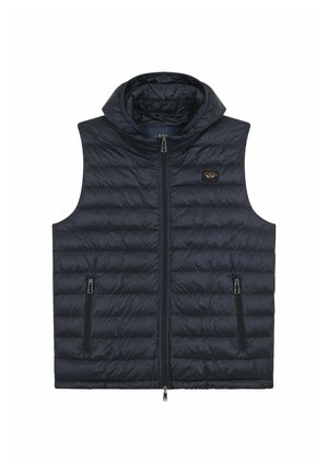 Doudoune sans manches bleu marine, avec une capuche, deux poches avant zippées, un design matelassé et un petit écusson logo sur la poitrine gauche.