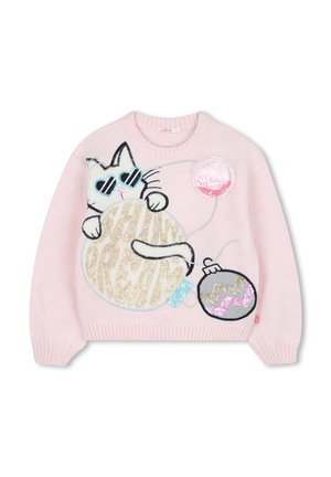 Rosa gestrickter Pullover mit einer Katze in Sonnenbrille, die einen großen Ball mit Pailletten hält. Enthält kreisförmige Verzierungen und verspielte Designdetails.