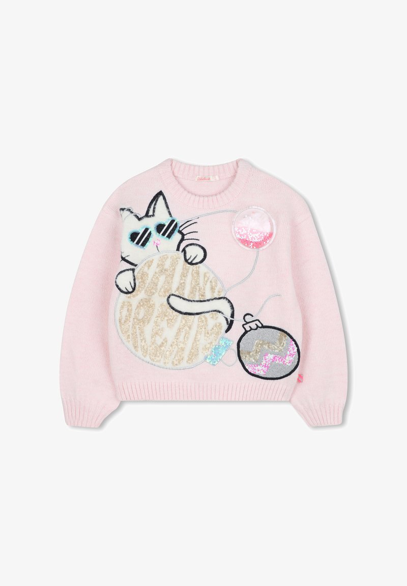 Vaaleanpunainen neulottu villapaita, jossa on aurinkolaseja pitävä kissa, joka pitää suurta palloja, jossa on paljetteja. Sisältää pyöreitä koristeita ja leikkisiä design-yksityiskohtia.