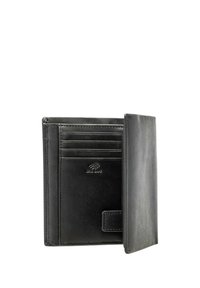 Portafoglio in pelle nera con molteplici scomparti per carte e design con protezione RFID. Texture liscia con un'estetica minimalista e marchio discreto.