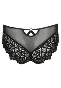 Czarna bielizna z misternym koronkowym zdobieniem i falistym brzegiem, przejrzystym materiałem na środku oraz małym okrągłym akcentem z tyłu.