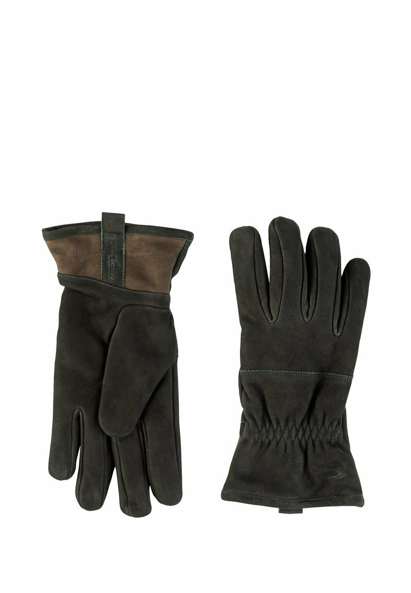 Gants en suede noir avec un panneau de poignet en cuir brun, dotés d'un poignet froncé pour un ajustement serré, conçus avec cinq doigts individuels.