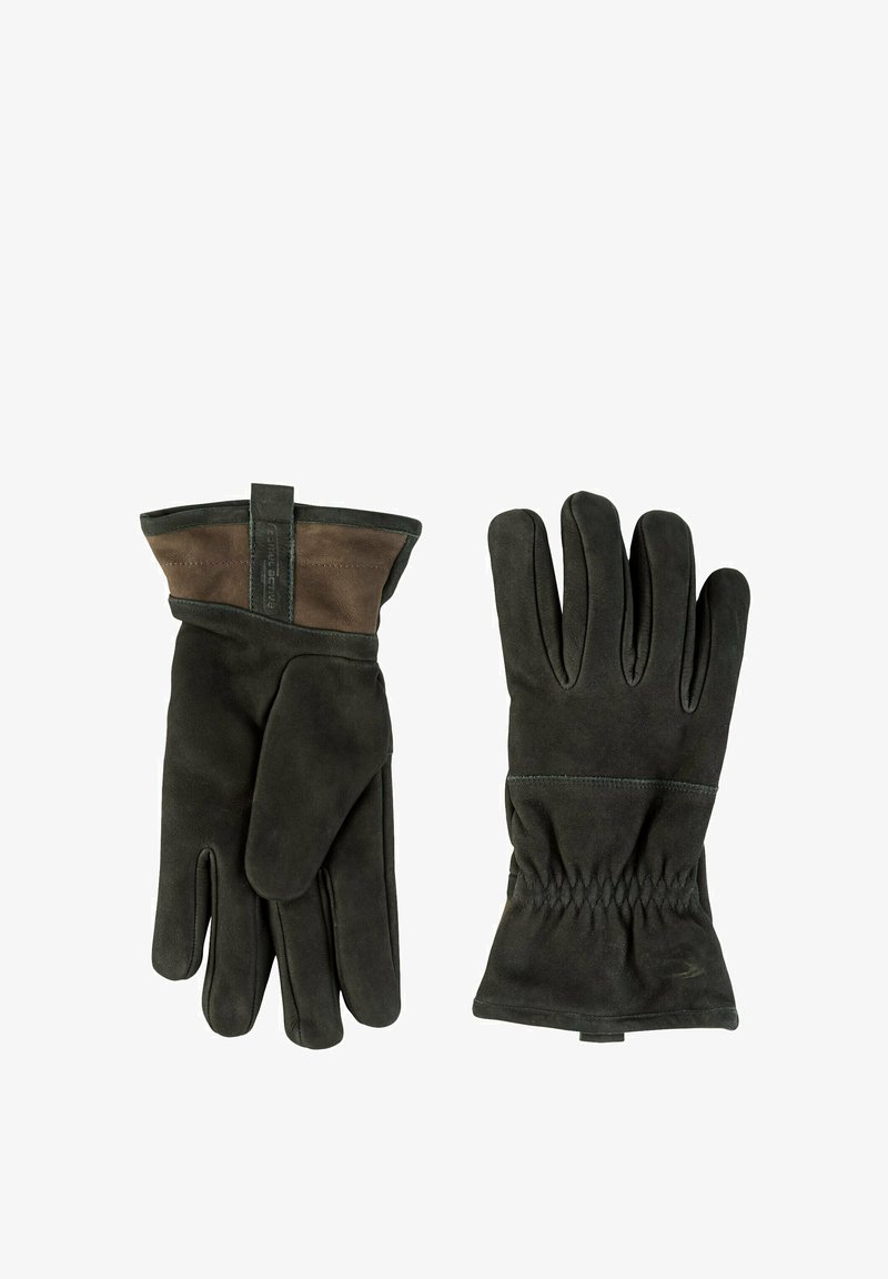 Black suede gloves with a brown leather wrist panel, featuring a gathered cuff for a snug fit, designed with five individual fingers.