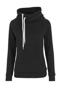 Svart hettegenser laget av mykt stoff, med cowl-neck, hvite snøring og ribbede mansjetter og hem. Glatt tekstur, uformelt design.