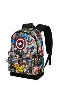 Plecak z motywem komiksowym, w przeważającej części czarny, z kolorowymi panelami przedstawiającymi superbohaterów oraz dynamiczne słowa akcji.