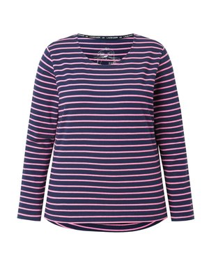 Marineblauwe longsleeve shirt met horizontale roze strepen, ronde halslijn en een gebogen zoom. Zacht materiaal met gestikt detail bij de halslijn.