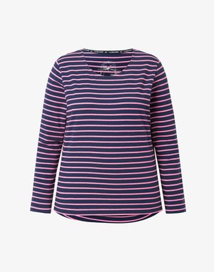 Maglietta a maniche lunghe blu navy con righe rosa orizzontali, scollatura rotonda e orlo curvo. Tessuto morbido con dettagli cuciti attorno al collo.