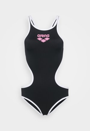 Bañador negro con ribetes blancos y logo "arena" en rosa. Presenta un diseño ajustado con cortes en los costados y tirantes finos.