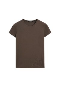 Brown short-sleeve t-shirt made of smooth fabric, featuring a round neckline and a regular fit, with no additional patterns or accents.