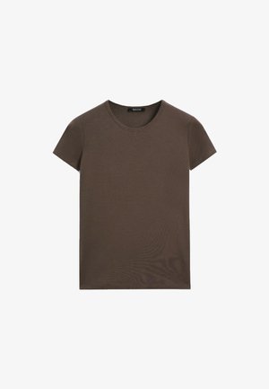 Bruin T-shirt met korte mouwen gemaakt van gladde stof, met een ronde halslijn en een reguliere pasvorm, zonder extra patronen of accenten.