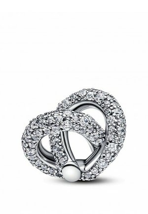 Silberner Ring mit verschlungenem Design, besetzt mit klaren Kristallen, mit glatten Akzenten und einem zentralen runden Element.