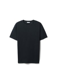 T-shirt in cotone nero con maniche corte e scollo rotondo. Tessuto liscio e vestibilità standard, caratterizzato da un design minimalista senza fantasie o dettagli.