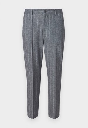 Pantaloni in misto lana grigi con un motivo a righe, dotati di chiusura con bottone, taglio dritto e design alla caviglia.