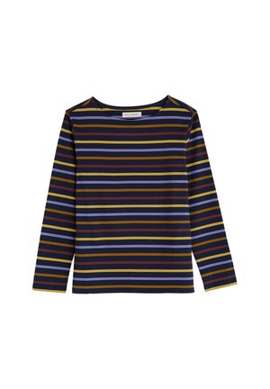 Langarmshirt met marineblauwe stof en horizontale strepen in mosterdgeel, bordeauxrood en lichtblauw. Ronde halsuitvoering.