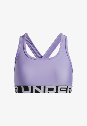 Lavender sports bra with a smooth texture, featuring a black elastic band with white lettering. Crossback straps enhance support and style.