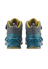 Scarpe sportive grigie e turchesi con supporto per la caviglia alto, tessuto testurizzato e colletto imbottito. Cinturino in velcro e suola in gomma con motivi di trazione.