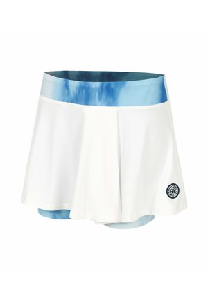 Witte sportrok met ingebouwde lichtblauwe shorts en brede blauwe tie-dye tailleband, met een klein rond logo op de zoom.