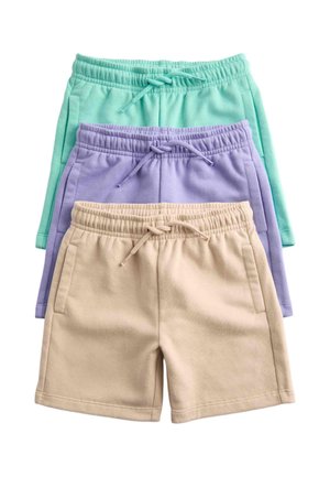 Tre par snøre-shorts stablet, i beige, lavendel og mintgrøn, alle med elastiske linninger og sidelommer.