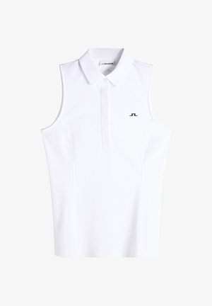 Polo bianca senza maniche con colletto, abbottonatura e piccolo logo nero J.Lindeberg sul petto a sinistra.