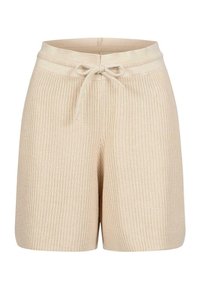 Beige ribbestrikkede shorts med snorjustering i livet. Har en myk tekstur og avslappet passform, egnet for uformell bruk.