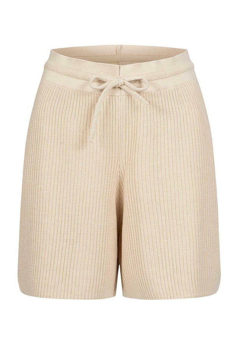 Beige ribbestrikkede shorts med snorjustering i livet. Har en myk tekstur og avslappet passform, egnet for uformell bruk.