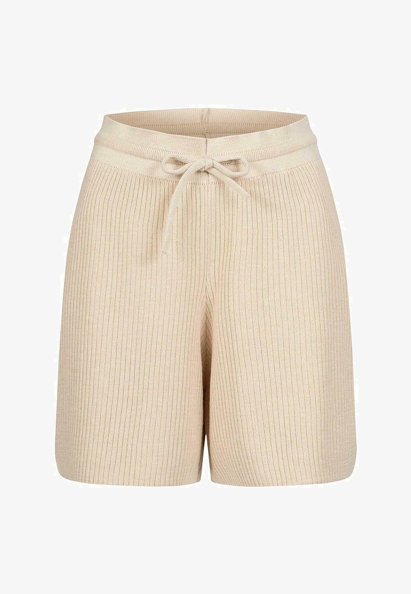 Beige ribbestrikkede shorts med snorjustering i livet. Har en myk tekstur og avslappet passform, egnet for uformell bruk.