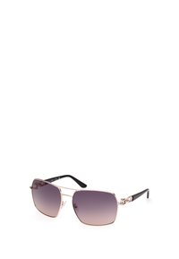 Ochelari de soare de tip unghiular cu lentile gradient violet, rame metalice de culoare roz deschis și brațe din plastic negru cu accente decorative.