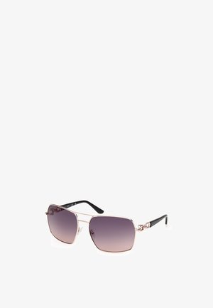 Ochelari de soare de tip unghiular cu lentile gradient violet, rame metalice de culoare roz deschis și brațe din plastic negru cu accente decorative.