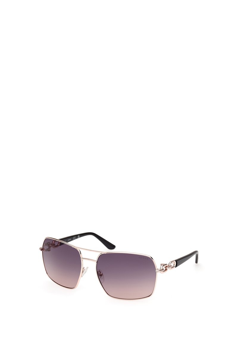 Ochelari de soare de tip unghiular cu lentile gradient violet, rame metalice de culoare roz deschis și brațe din plastic negru cu accente decorative.