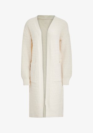 Dlouhý krémově zbarvený pletený kardigan s texturovaným vzorem, otevřený vpředu, dlouhé rukávy a dvě přední kapsy.