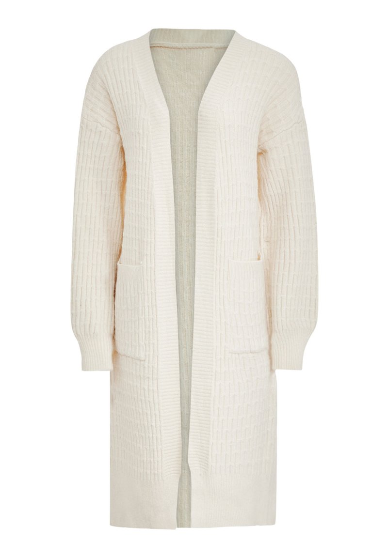 Lungo cardigan lavorato a maglia color crema con motivo testurizzato, aperto davanti, maniche lunghe e due tasche anteriori.